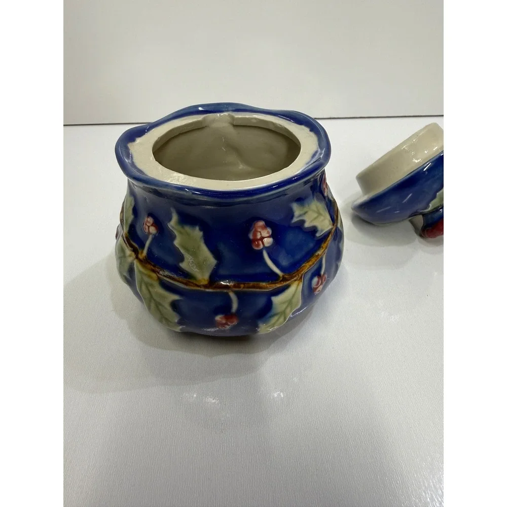 Blue Ceramic Holly Berry Jam Honey Pot with Lid Christmas Holiday Decor